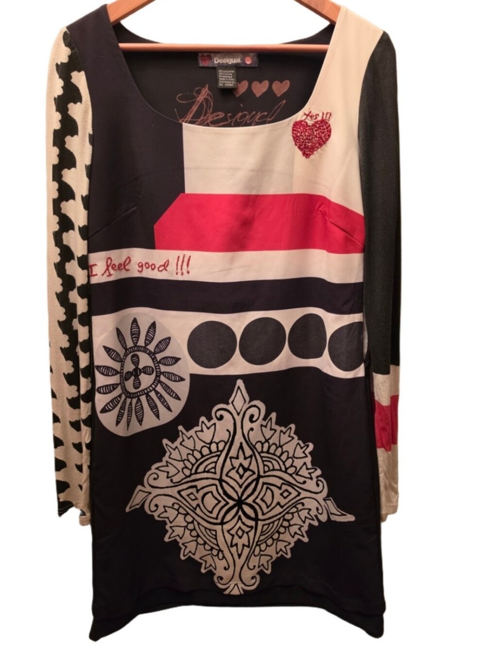 Desigual Size 40 Black Red Patchwork Graphic Tunic Dress Artsy Boho